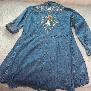 Vintage Nostalgia Denim Button Dress 3X Chambray Embroidered Boho Western